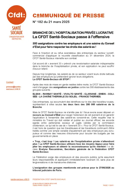 Communiqué de presse 182 - assignations pour l'application de l'avenant 33