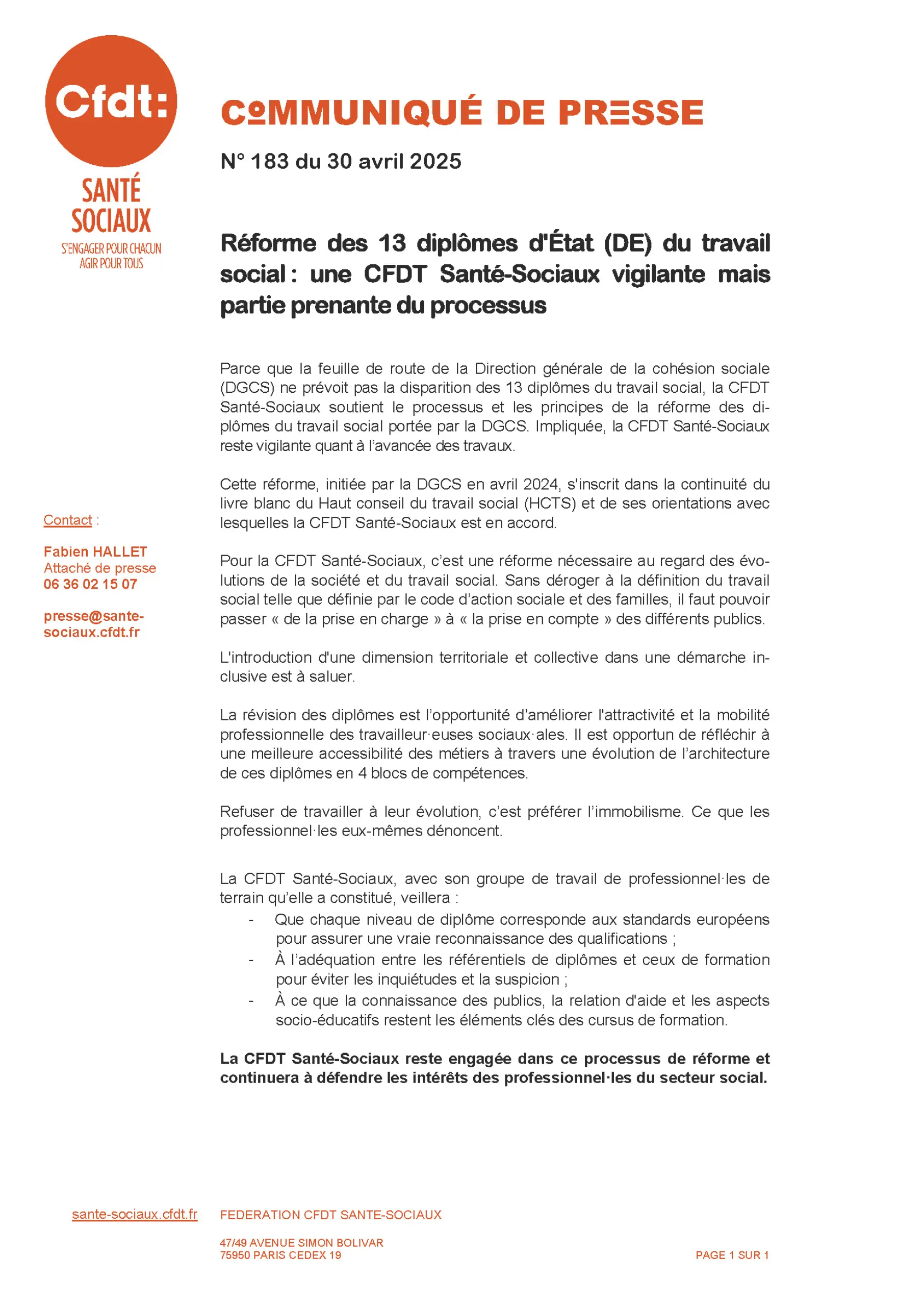 Communiqué de presse sur la réforme des 13 diplômes d'État du travail social.