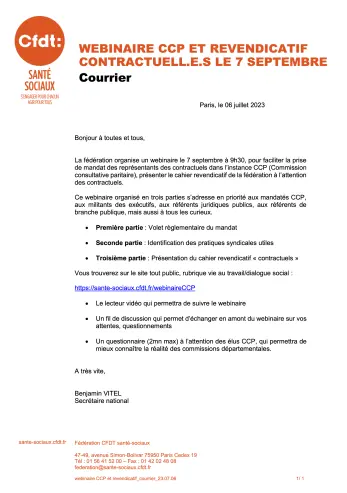 Aperçu lettre envoyée pour annoncer le webinaire CCP