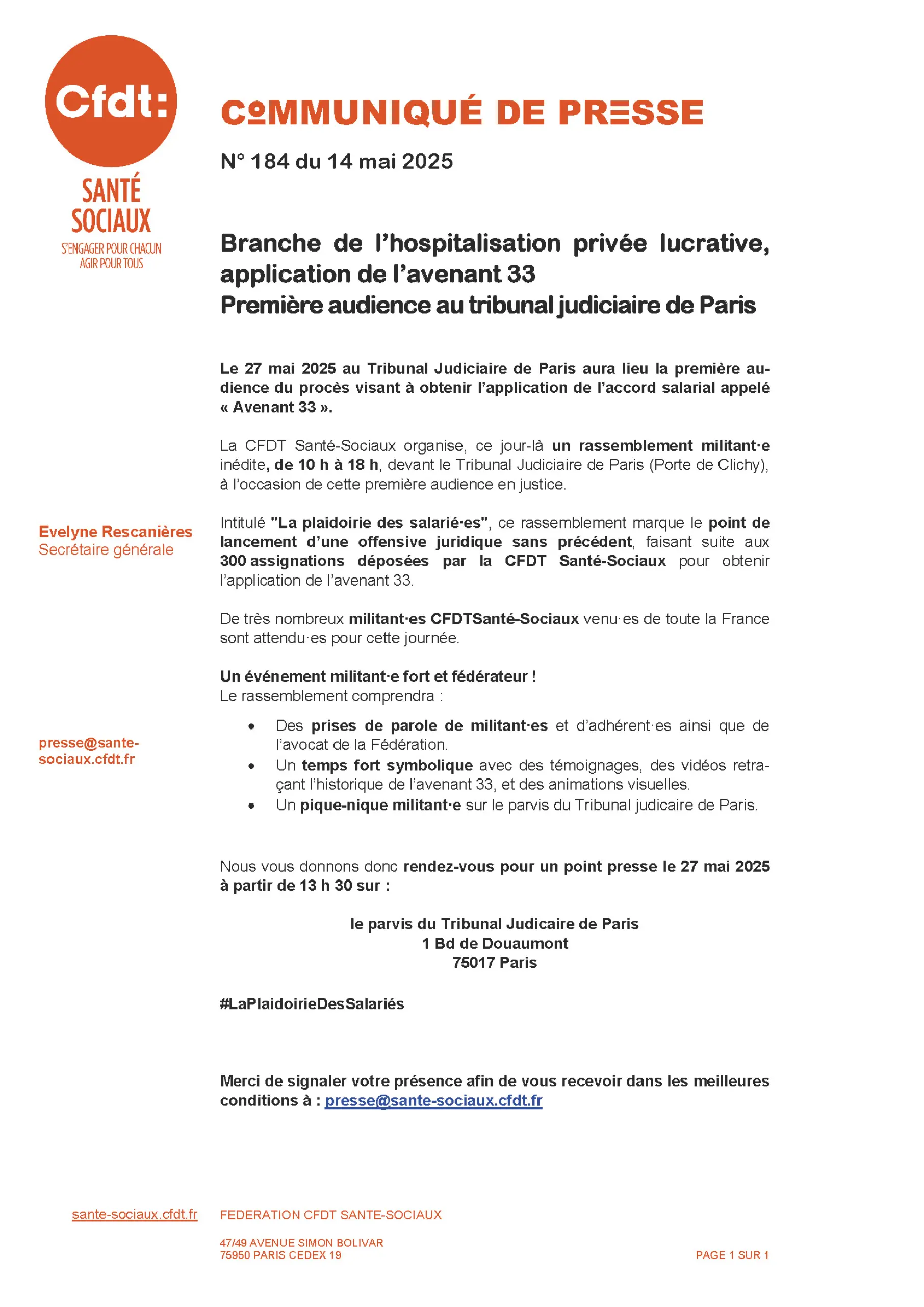 Image du communiqué : La plaidoirie des salarié·es pour l'application de l'avenant 33