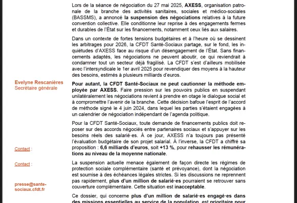 La CFDT Santé-Sociaux appelle Mme Catherine Vautrin, Ministre du Travail, de la Santé, des Solidarités et des Familles, à réunir sans délai l’ensemble des partenaires sociaux de la branche pour sortir de cette impasse dangereuse. Le secteur et ses salarié