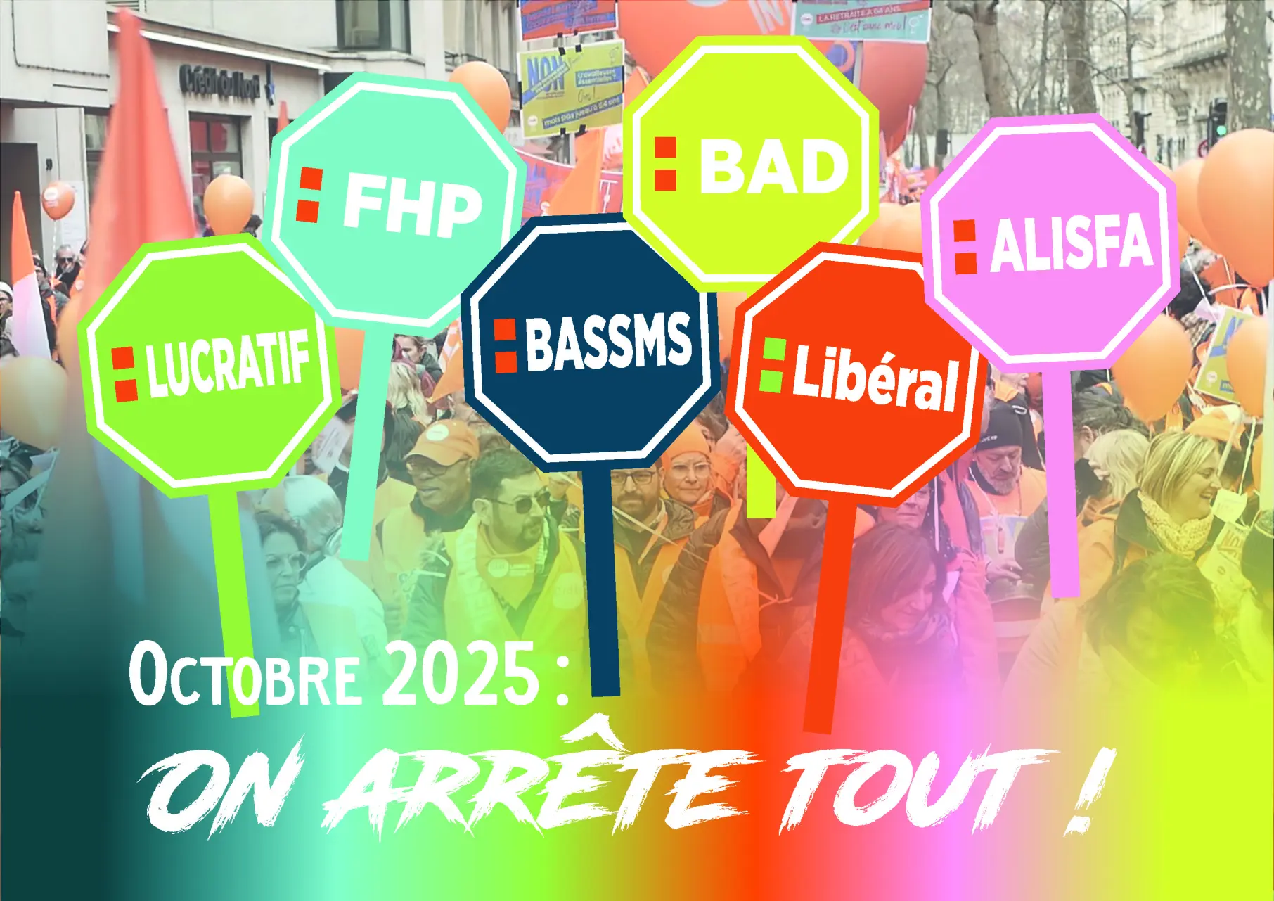 image de manifestation avec les noms de tous les secteurs de la santé
