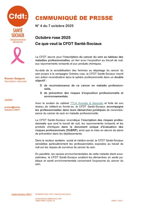 Communiqué de presse N°4 - Octobre rose 2025 Ce que veut la CFDT Santé-Sociaux