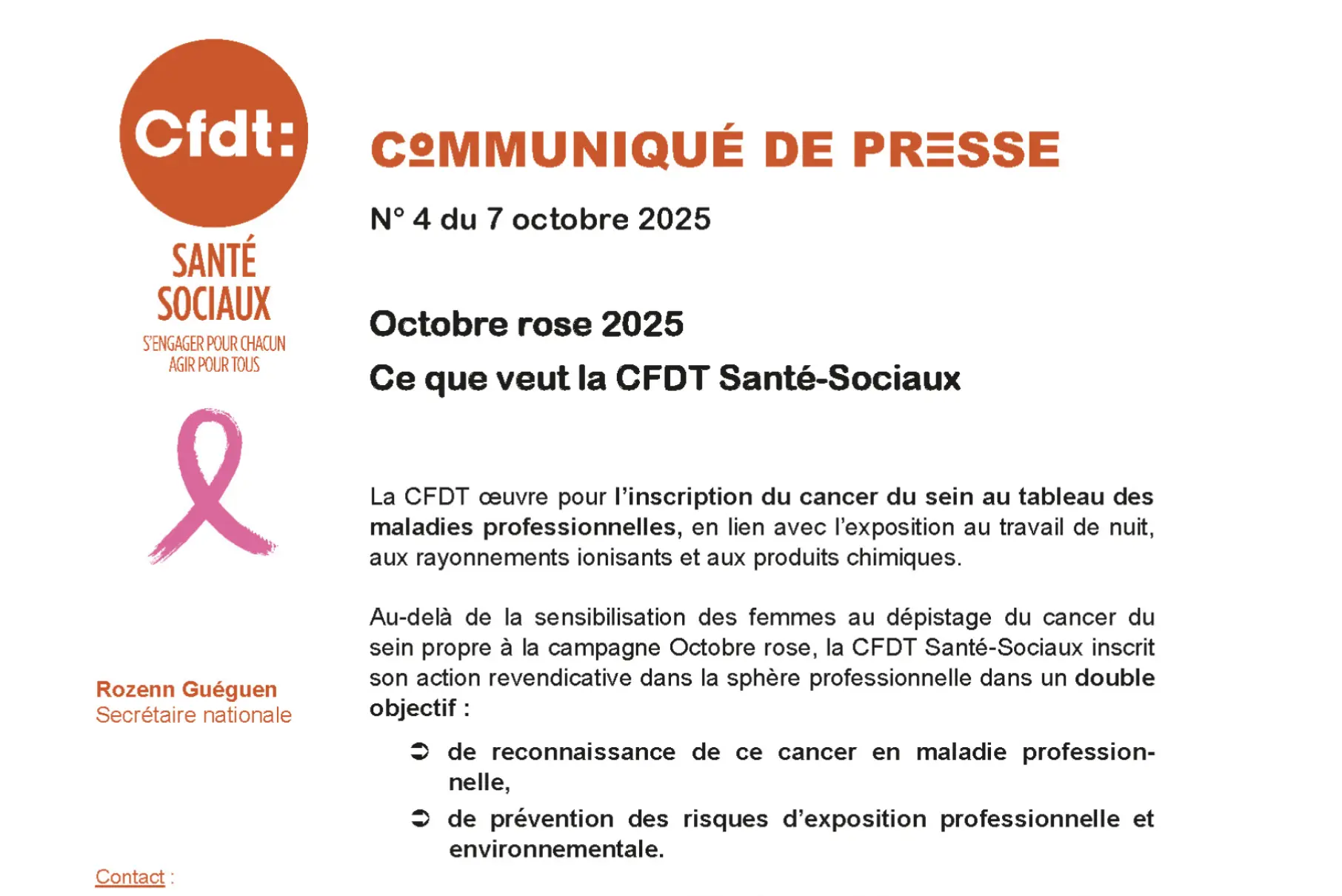 Aperçu du communiqué de presse Octobre rose 2025 Ce que veut la CFDT Santé-Sociaux