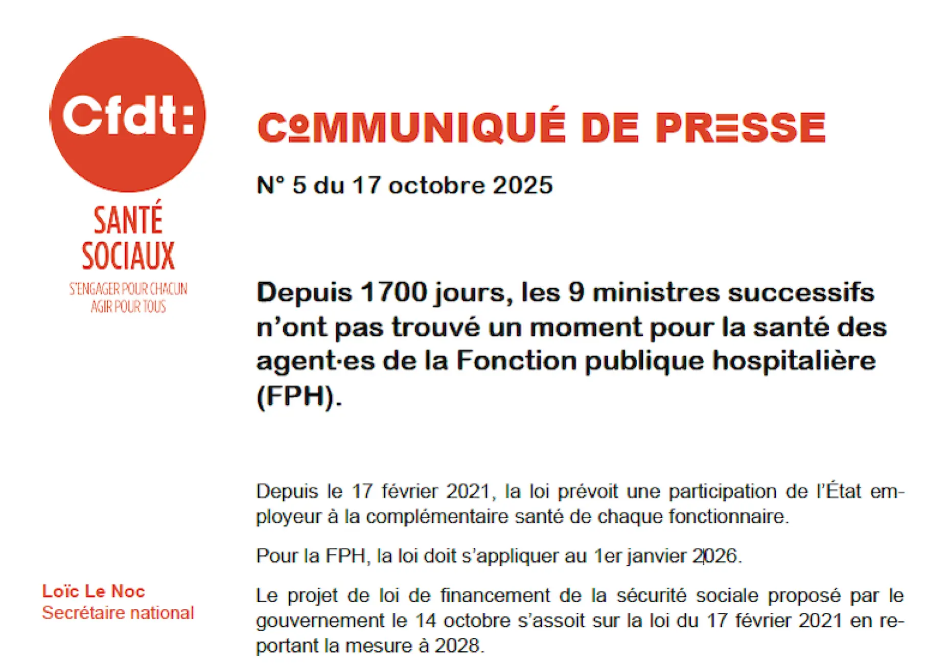 Communiqué de presse N°5 : PSC dans la FPH