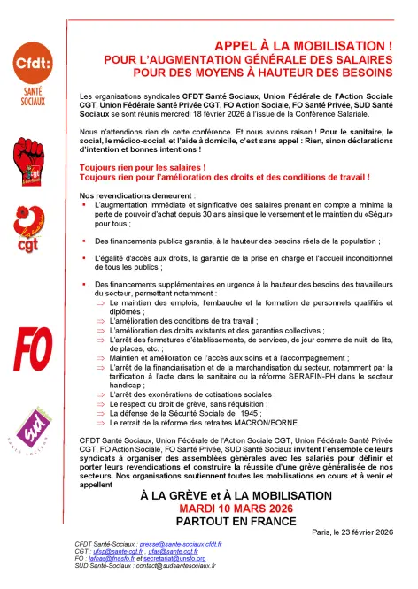 CFDT Santé Sociaux, Union Fédérale de l’Action Sociale CGT, Union Fédérale Santé Privée CGT, FO Action Sociale, FO Santé Privée, SUD Santé Sociaux invitent l’ensemble de leurs syndicats à organiser des assemblées générales avec les salariés pour définir e