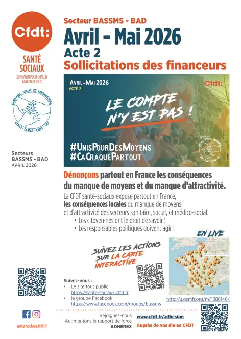 Dénonçons partout en France les conséquences  du manque de moyens et d’attractivité.  La CFDT santé-sociaux expose partout en France,  les conséquences locales du manque de moyens  et d’attractivité des secteurs sanitaire, social, et médico-social. Les ci