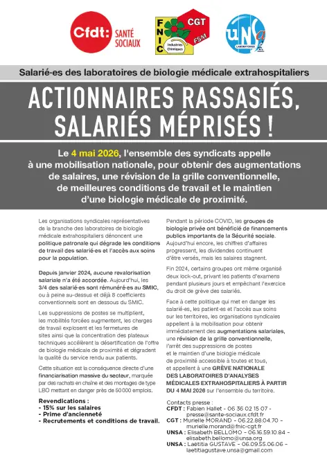 extrahospitaliersLe 4 mai 2026, l'ensemble des syndicats appelle à une mobilisation nationale, pour obtenir des augmentations de salaires, une révision de la grille conventionnelle, de meilleures conditions de travail et le maintien d’une biologie médical