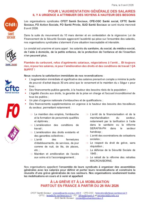 POUR L’AUGMENTATION GÉNÉRALE DES SALAIRES IL Y A URGENCE A ATTRIBUER DES MOYENS À HAUTEUR DES BESOINS Les organisations syndicales CFDT Santé Sociaux, CFE-CGC Santé social, CFTC Santé Sociaux, FO Action Sociale, FO Santé Privée, SUD Santé Sociaux se sont 