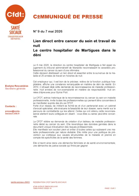 Lien direct entre cancer du sein et travail de nuit Le centre hospitalier de Martigues dans le déni Le 6 mai 2026, la direction du centre hospitalier de Martigues a fait appel du jugement du tribunal administratif de Marseille reconnaissant le caractère p