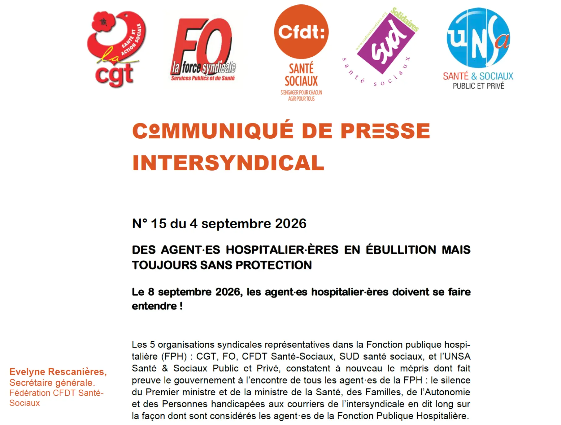 Conférence de Presse intersyndicale Le lundi 07 septembre 2026 à 16H30 en salle de Presse Fédération CFDT 47/49 avenue Simon bolivar 75019 Paris