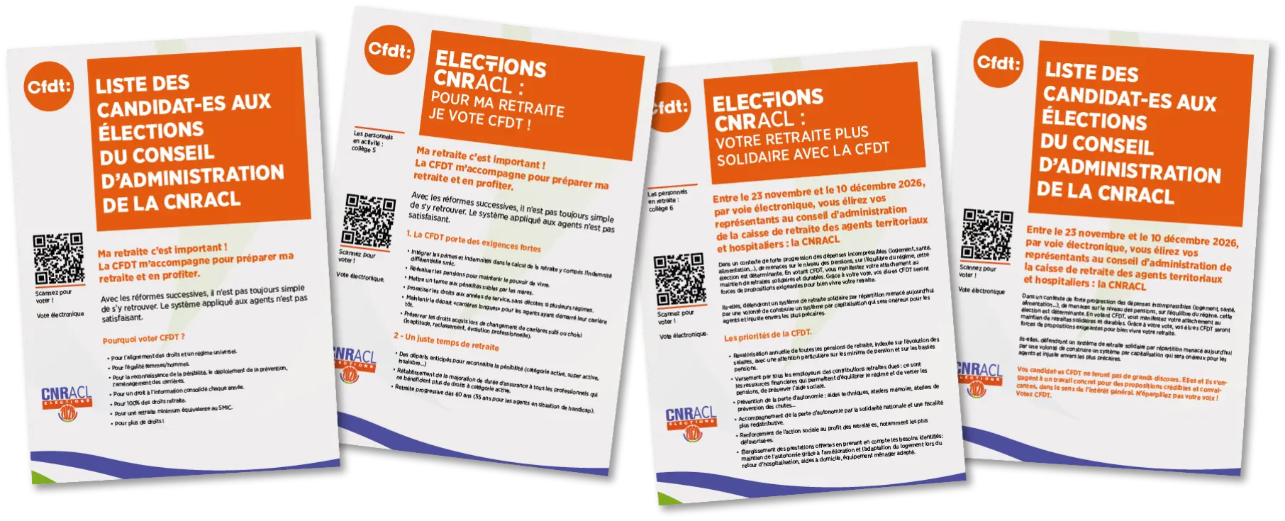 Composition en quatre miniatures des recto des PDF réalisés à l'occasion des élections CNRACL 2026