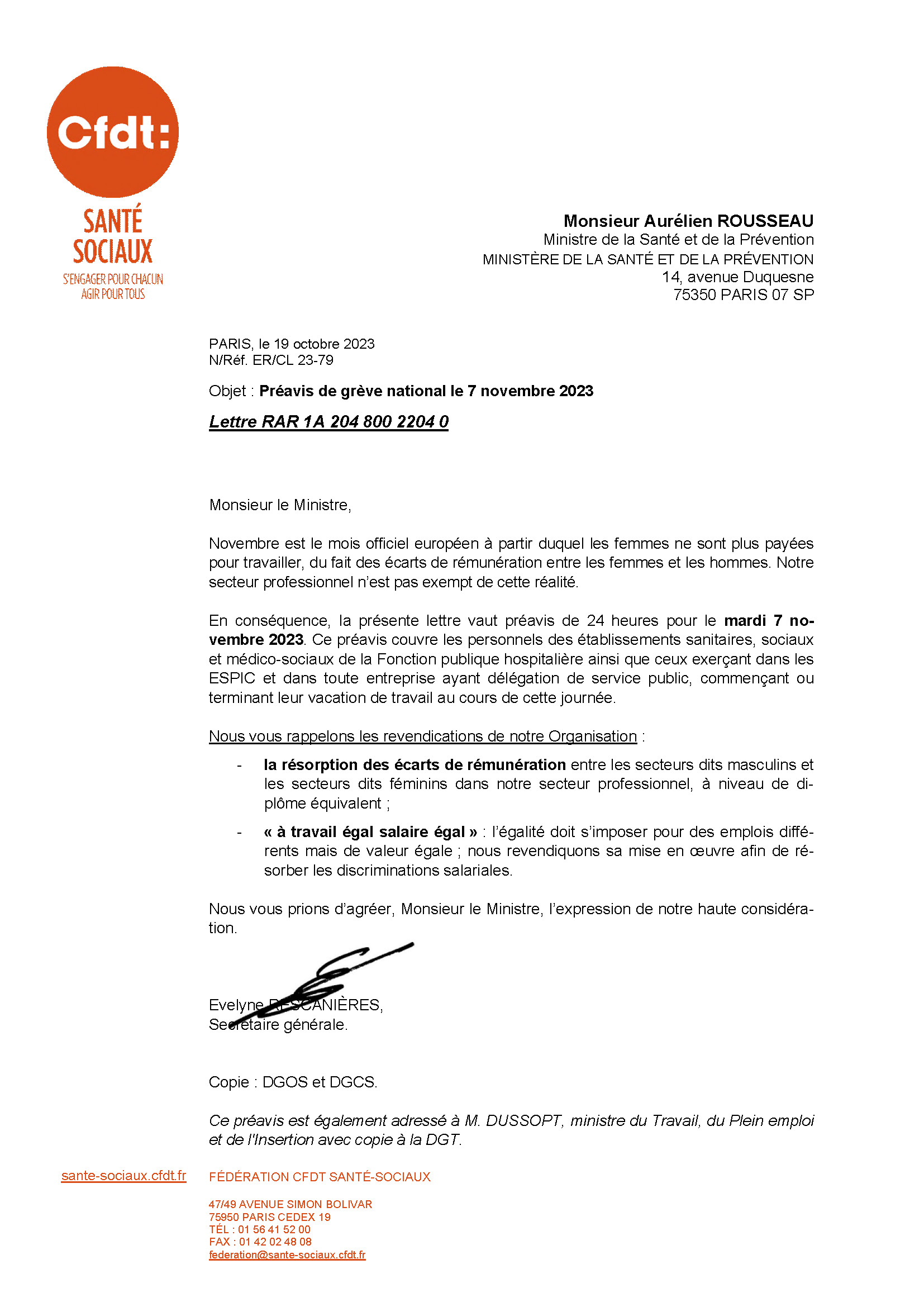 2023-79 er - m. rousseau - ministre de la sante - preavis de greve 07-11-2023